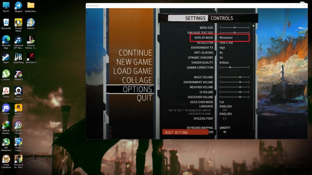 Playing Disco Elysium on Windowed Mode on Steam
