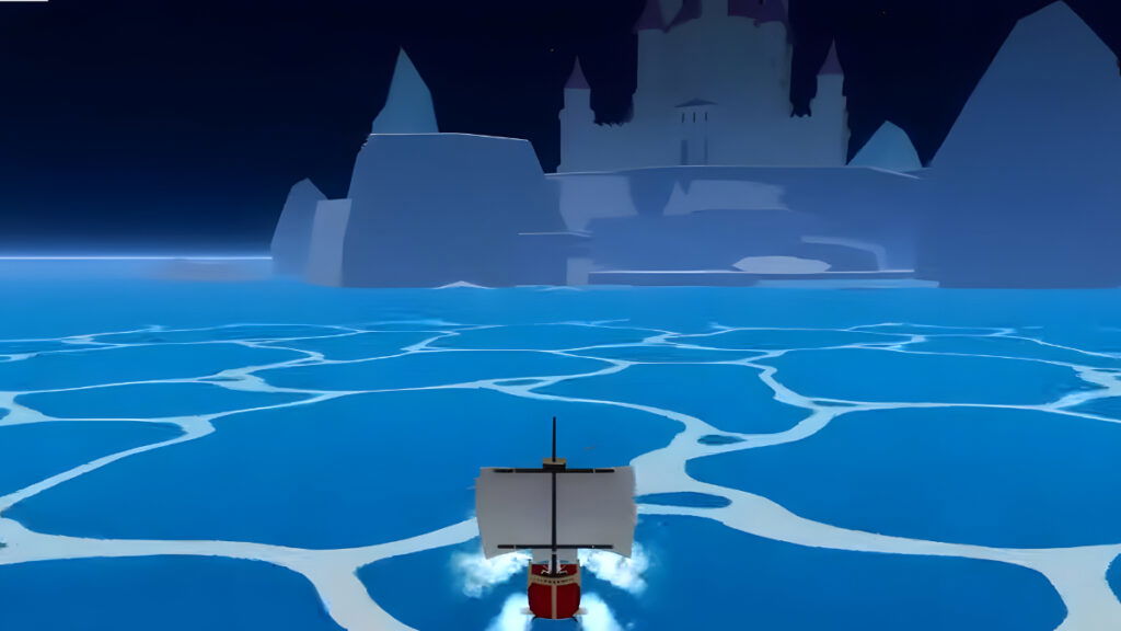 A ship sails toward Ice Castle in Blox Fruits