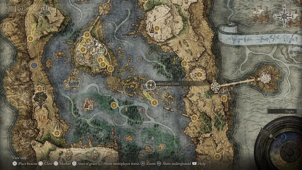 The location of Diallos at Liurnia of the Lakes, showcased in the game's map. 