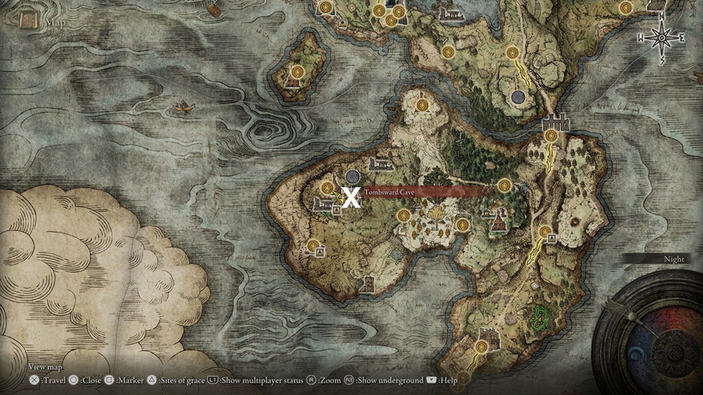 The location of Tombsward Cave, where players can get the Winged Scythe. 