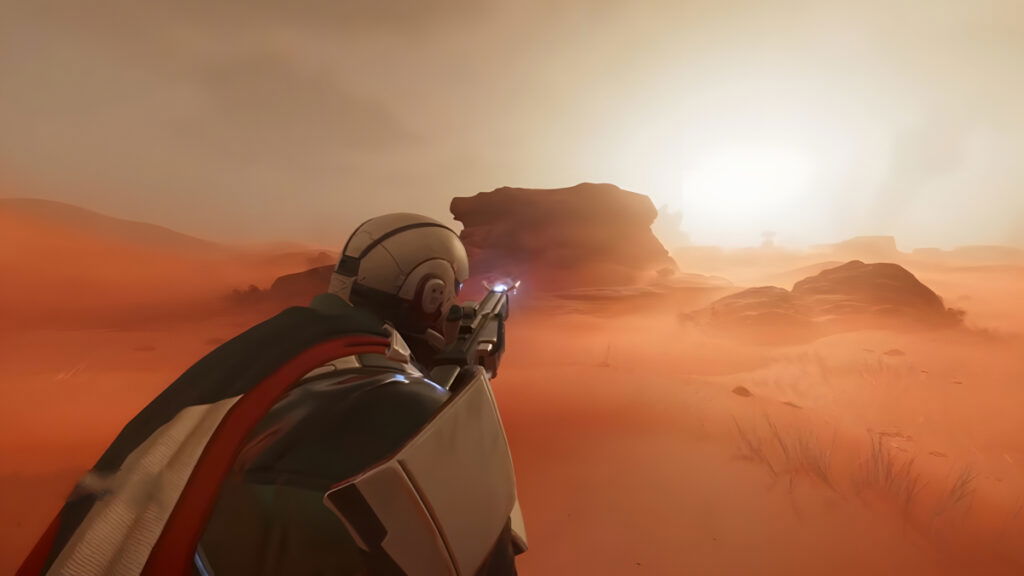 The player prepares to use an Arc Thrower in the desert in Helldivers 2