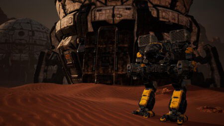 A mech stands in the desert in MechWarrior 5: Clans