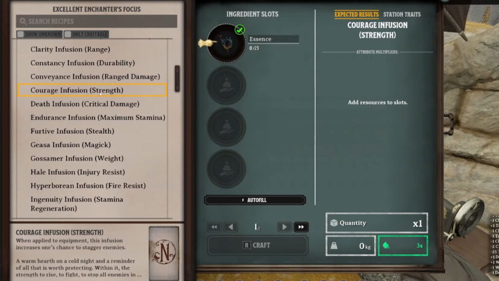 The player crafts a Courage Infusion in Nightingale as part of the best melee build
