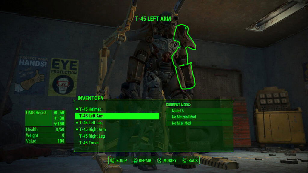 The Power Armor craft/repair screen in Fallout 4. 