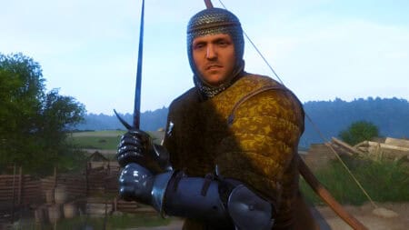 Henry holds his sword aloft in Kingdom Come: Deliverance