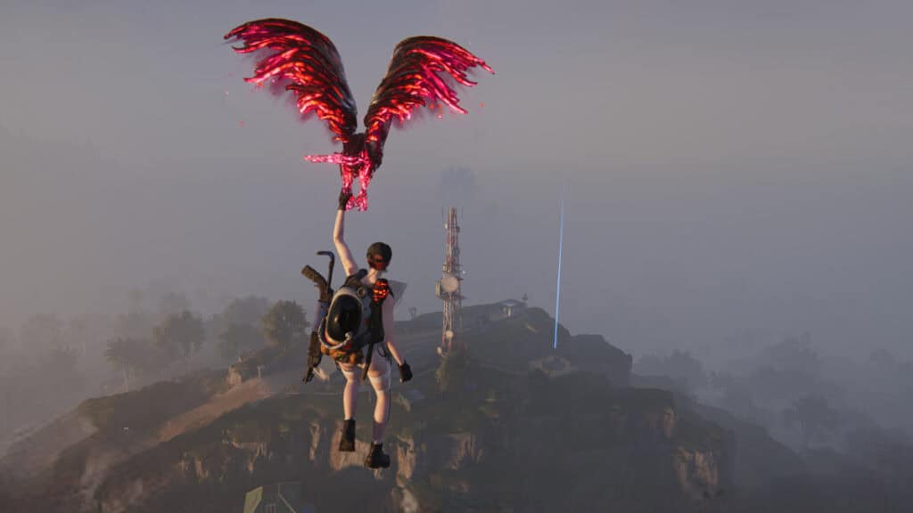 The player flies toward a Teleportation Tower to change worlds in Once Human