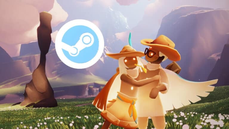 A couple hugs beside the Steam logo in Sky: Children of the Light