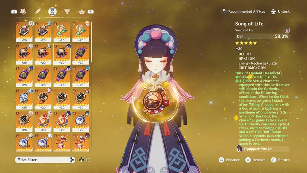 Yun Jin's artifact selection screen.