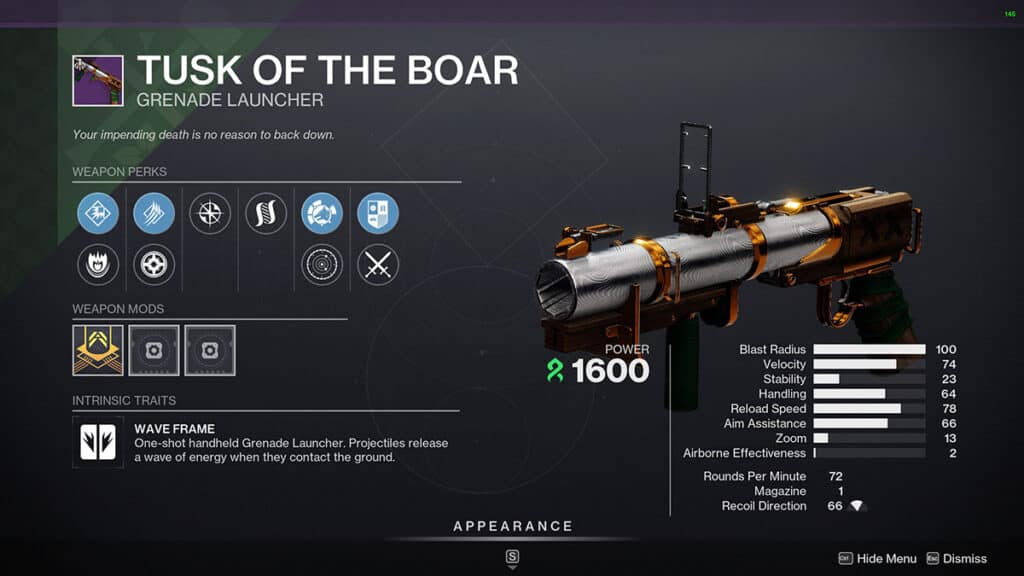 Destiny 2 Tusk of the Boar Stats and Origin Trait