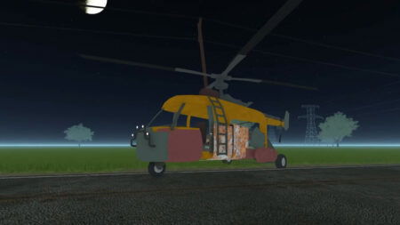 A Helicopter waits by the roadside at night in A Dusty Trip