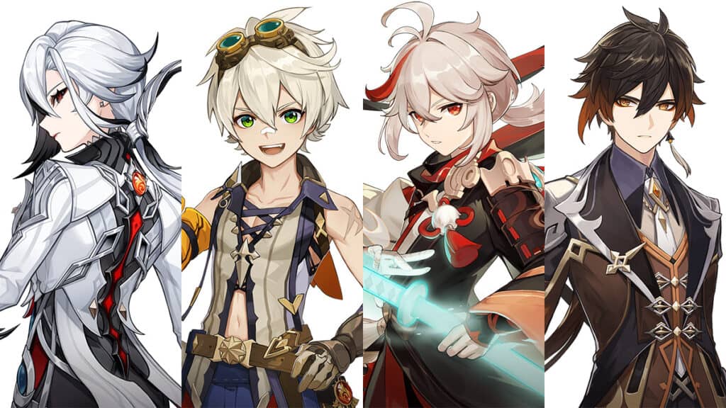 Arlecchino, Bennett, Kazuha, and Zhongli's character profile pictures.