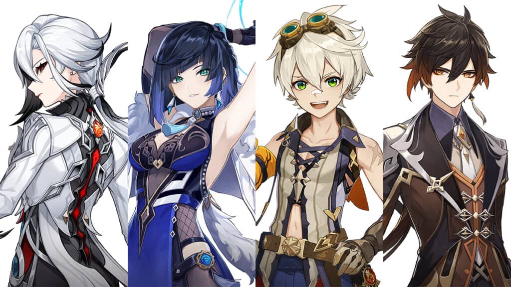 Arlecchino, Yelan, Bennett, and Zhongli's character profile pictures.