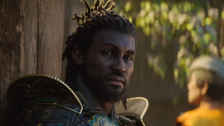 A close-up of Yasuke leaning against a wall in Assassin's Creed Shadows