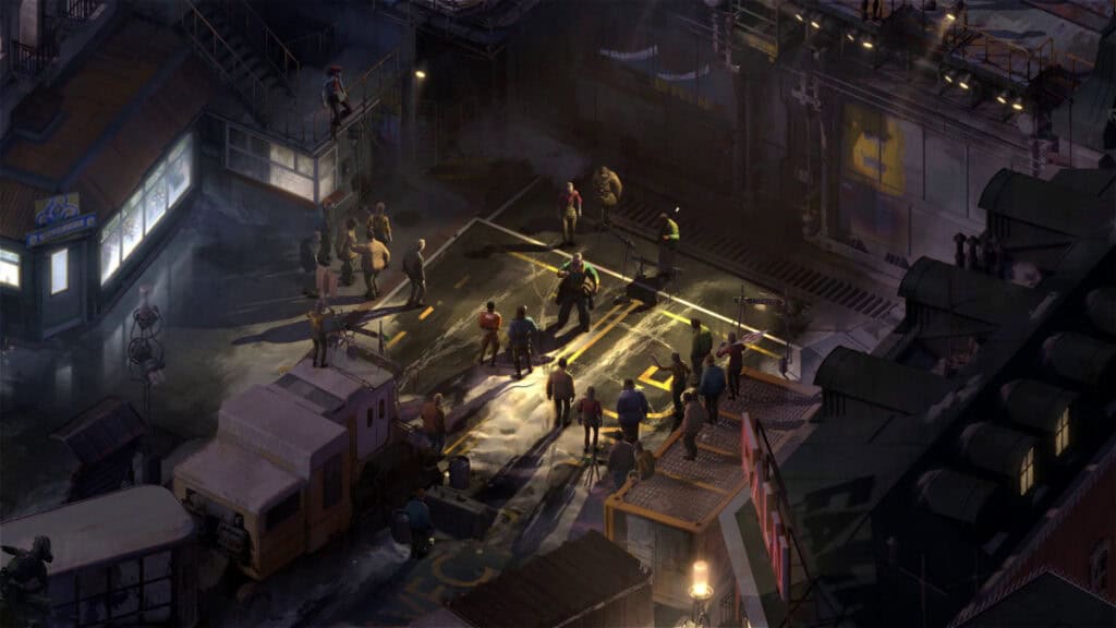 A crowd gathers during the night in Disco Elysium