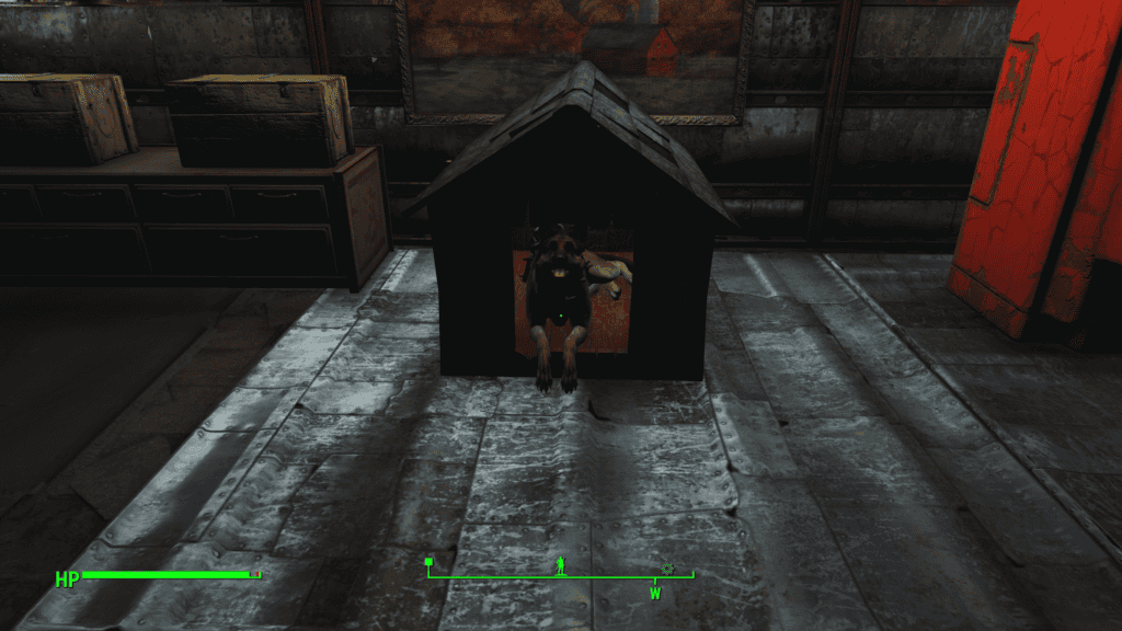 Dogmeat resting in his doghouse