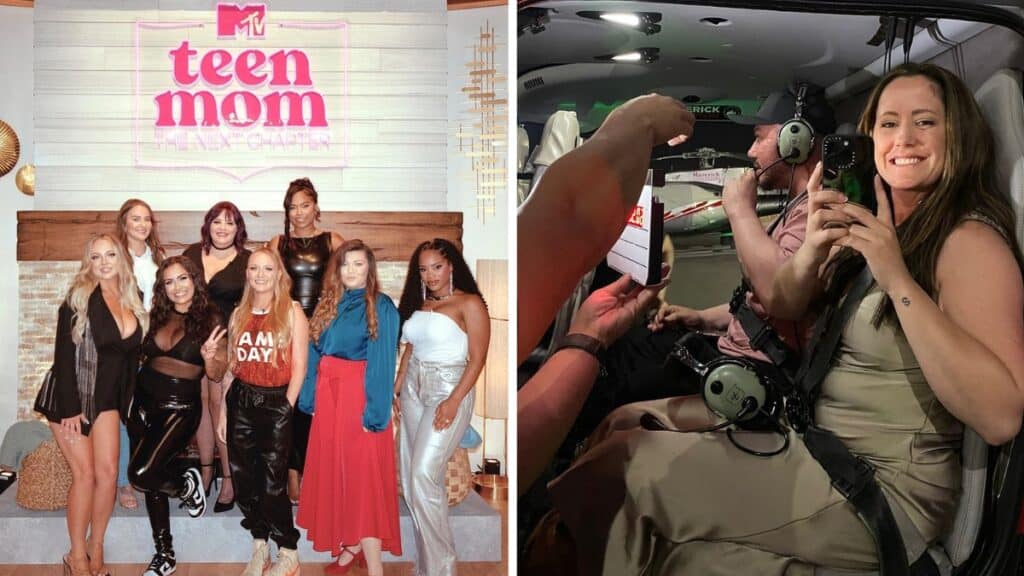 Teen Mom cast (L), Jenelle Evans filming for Teen Mom (R)