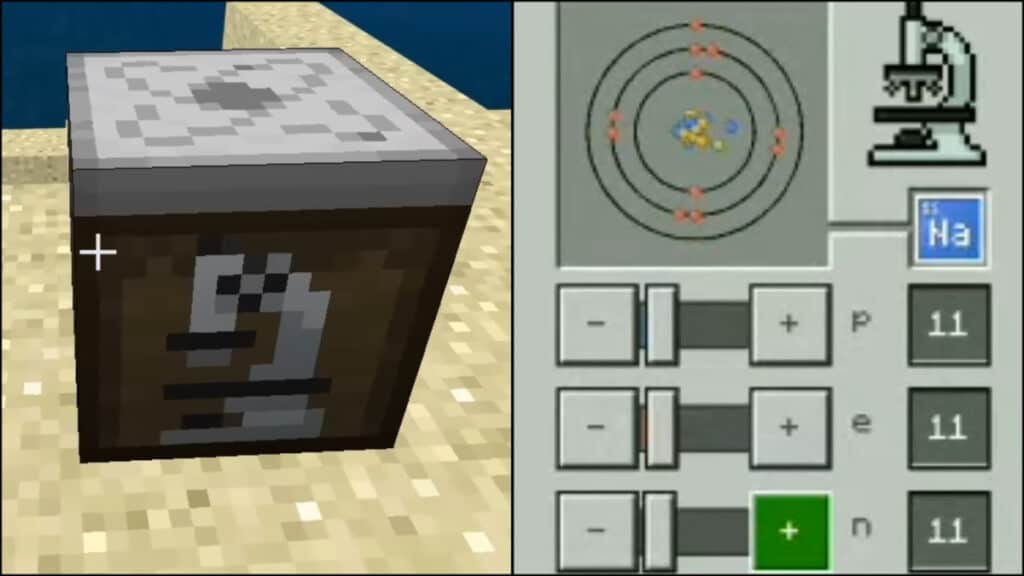 The Element Constructor and recipe used to make Sodium in Minecraft: Education Edition