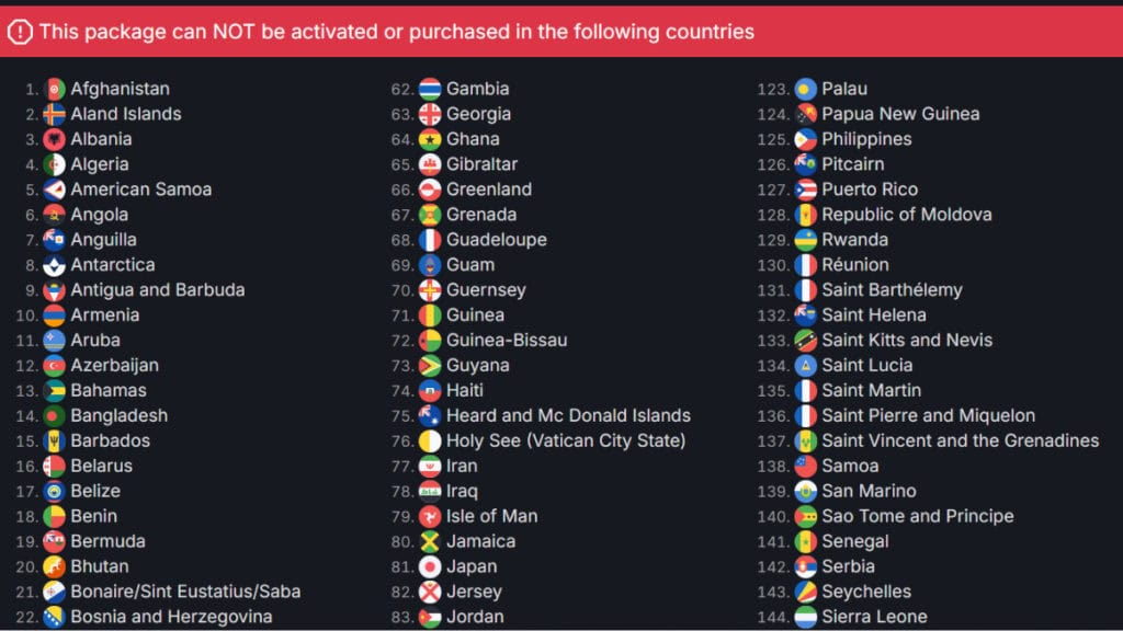 A partial list of the countries without PSN access for Helldivers 2