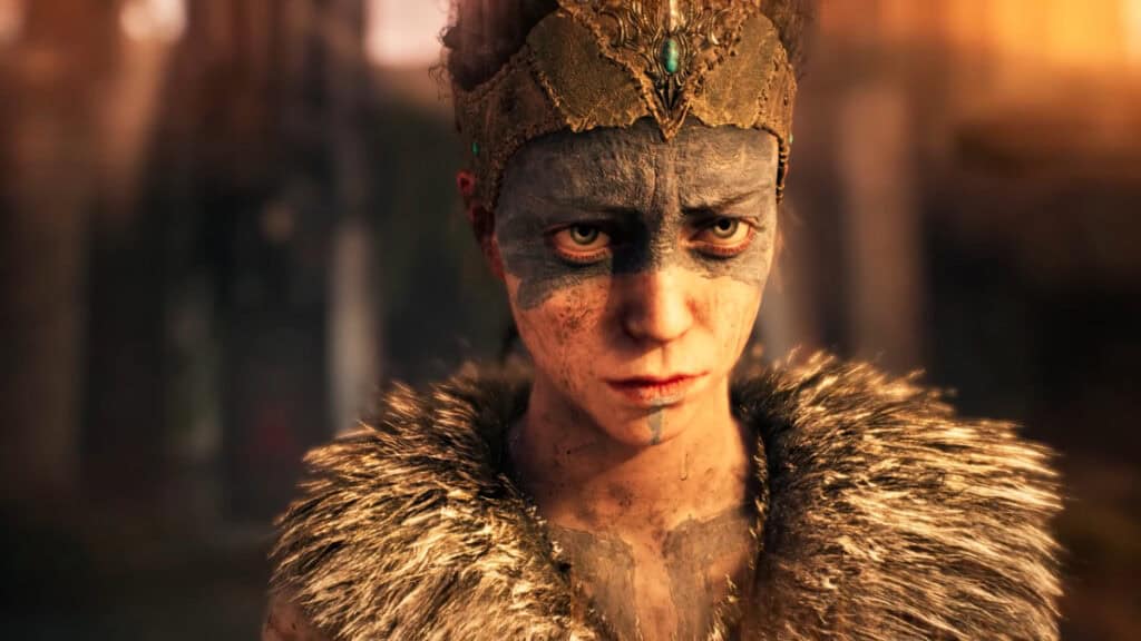 A close-up of Senua looking serious in Senua's Saga: Hellblade 2