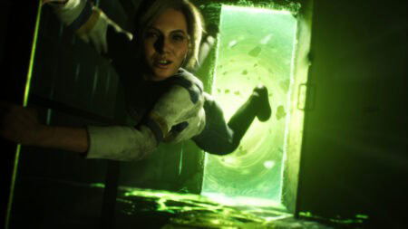 A young woman clings to a piece of furniture to avoid being sucked into a green portal in The Casting of Frank Stone