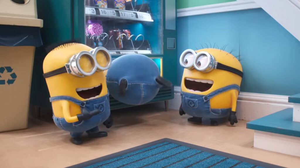 The Minions laughing at another one stuck in a vending machine in Despicable Me 4, which might have a post-credits scene.