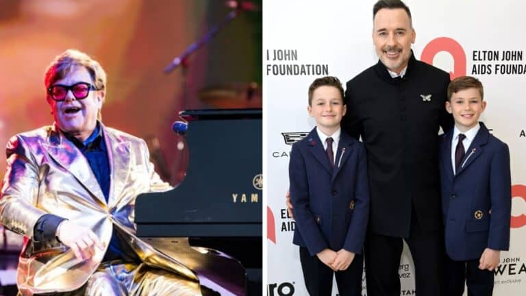 Elton John performing (L), David Furnish with Elijah and Zachary (R)