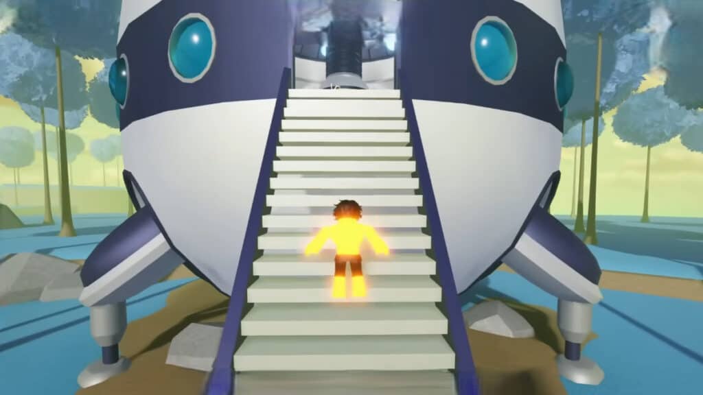 The player ascends the stairs into the Gravity Gym in Gym League Roblox