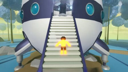 The player ascends the stairs into the Gravity Gym in Gym League Roblox