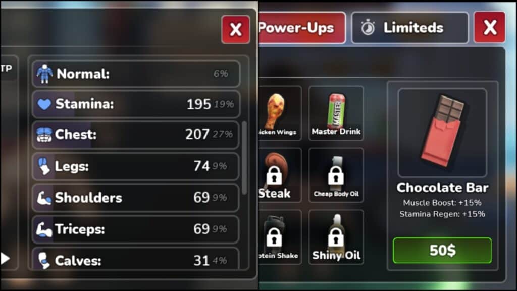 The player's stats and a Chocolate Bar used to raise Stamina in Gym League