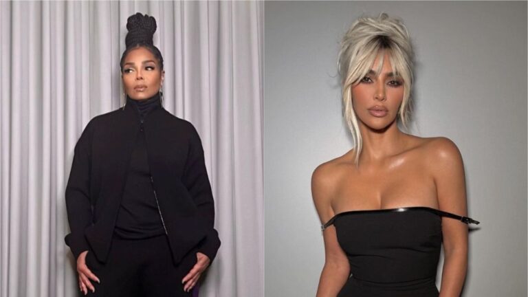 Janet Jackson in a black outfit and Kim Kardashian in a black dress