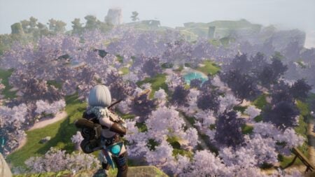 The player looks down upon the Sakurajima cherry trees in Palworld