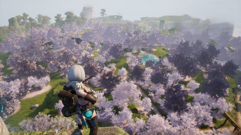 The player looks down upon the Sakurajima cherry trees in Palworld