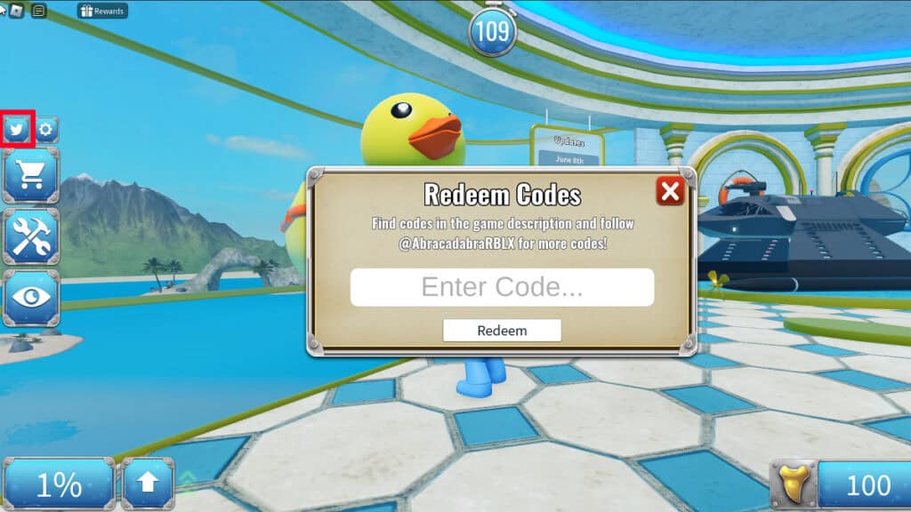 Redeeming codes in Roblox Sharbite 2.