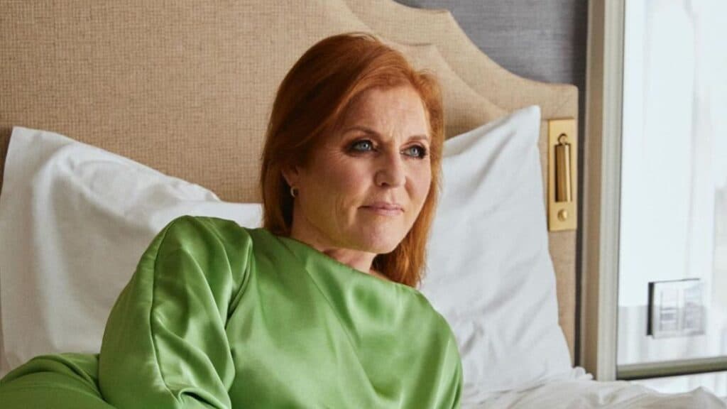 Sarah Ferguson poses in a green dress