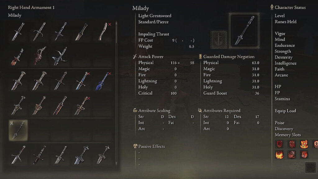 Milady Light Greatsword Stats