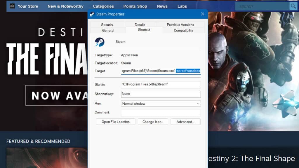 Restart Steam with Browser Sandboxing Disabled