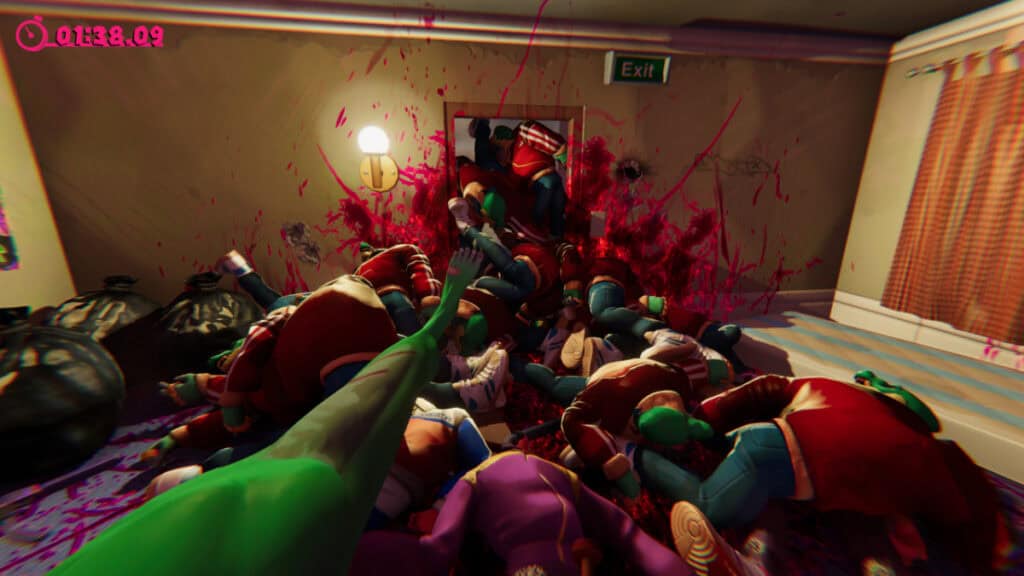 A cartoonish pile of bodies clogging a doorway