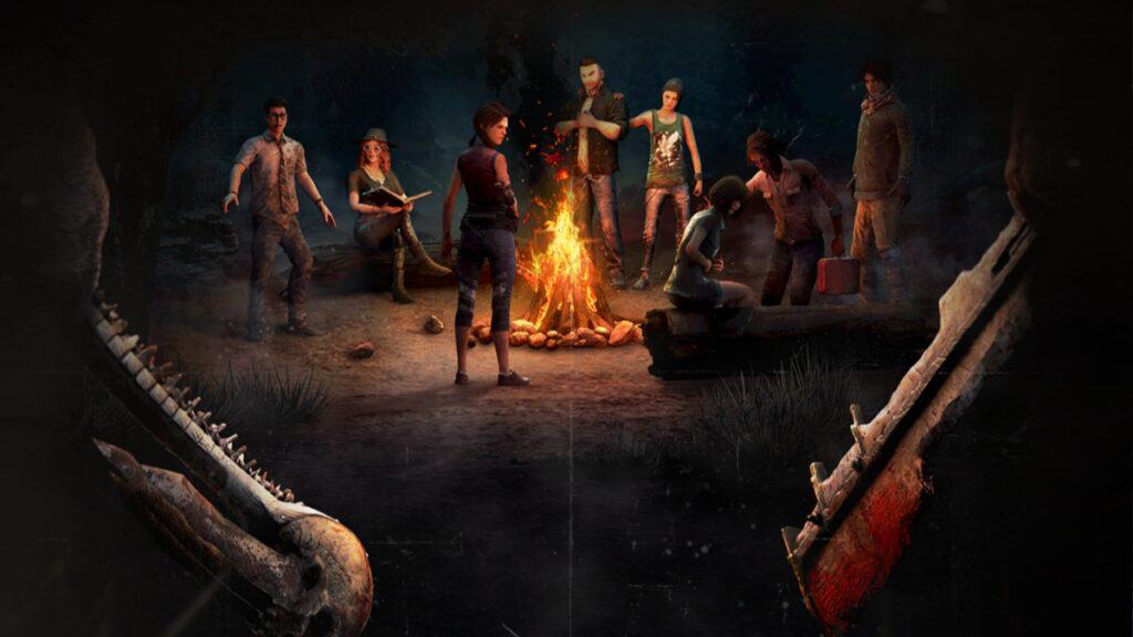 Survivors gather around the campfire, watched by killers in concept art for Dead by Daylight 2v8 mode