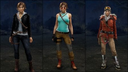 Three of Lara Croft's cosmetics in Dead by Daylight, including the original Tomb Raider look