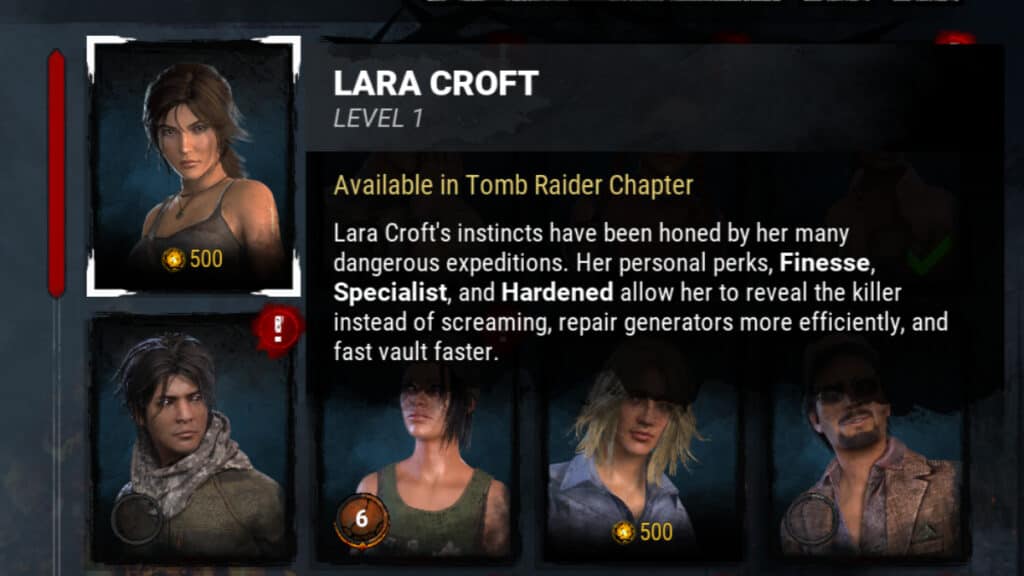 The character menu in Dead by Daylight, including a description of Lara Croft's perks