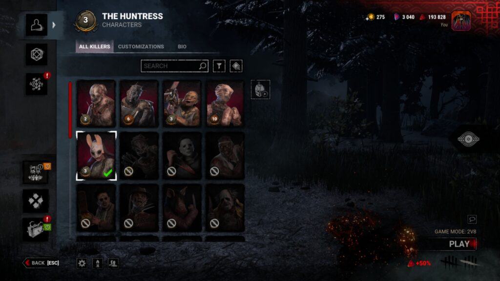 The killer selection screen in Dead by Daylight 2v8