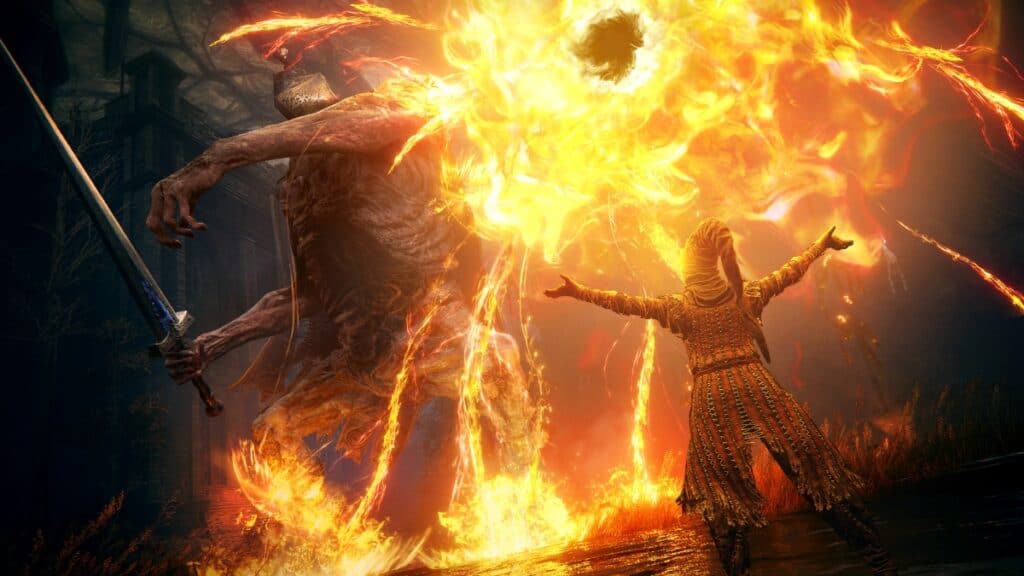 A spellcater raises their hands as a huge fireball appears above them