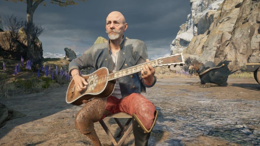 Baz plays guitar by the campfire in Flintlock: The Siege of Dawn