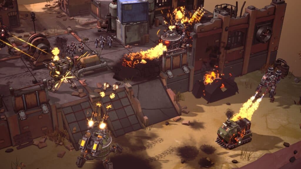 A close-up of mech flamethrowers and machine guns in action on the battlefield