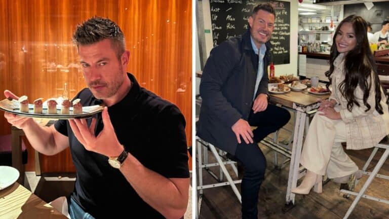 Jesse Palmer with a platter of waygu beef tartare (L), Jesse Palmer eating with Jenn Tran (R)