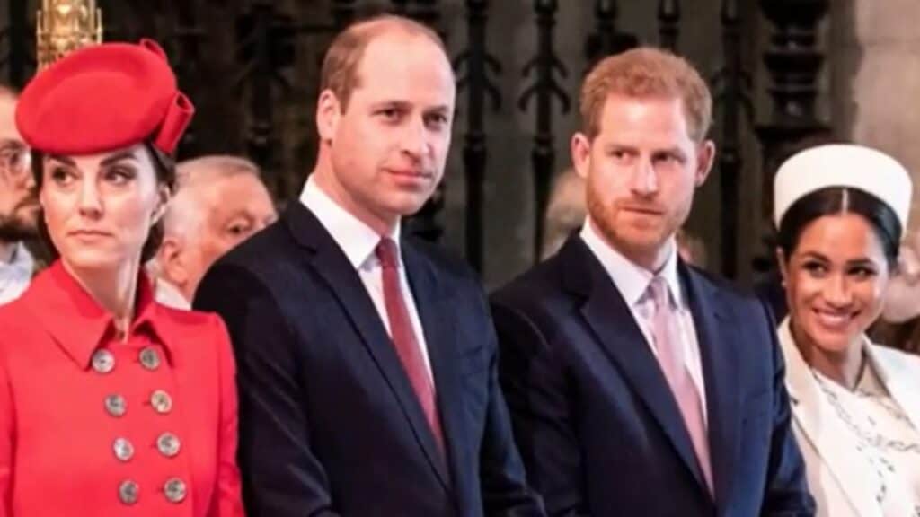 Kate Middleton, Prince William, Prince Harry, and Meghan Markle attend a church service.