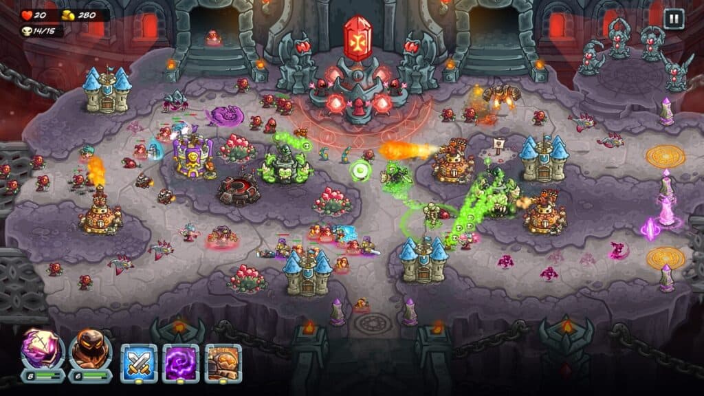 Enemy mobs perish, caught between Necro and Flame towers in Kingdom Rush 5: Alliance