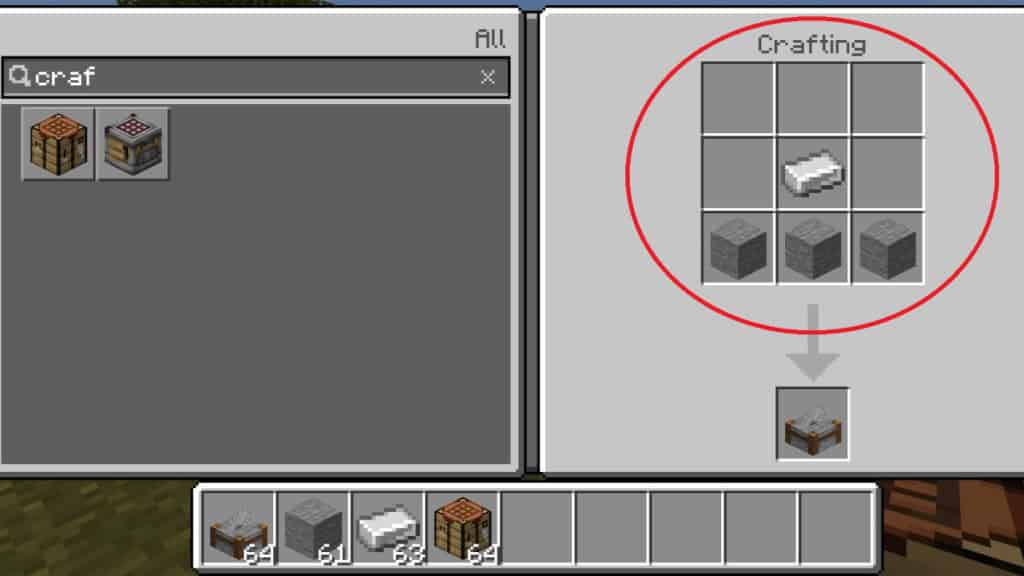 The crafting recipe for a Stonecutter in Minecraft