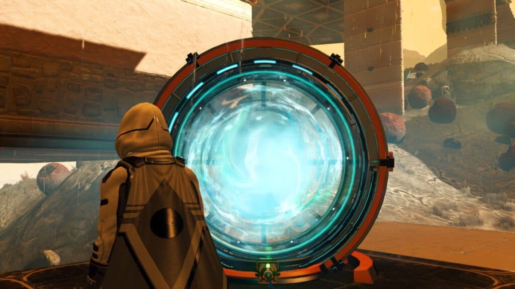 A teleporter glows with blue energy