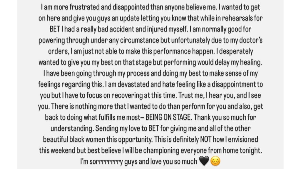 Normani BET Awards, Normani injury